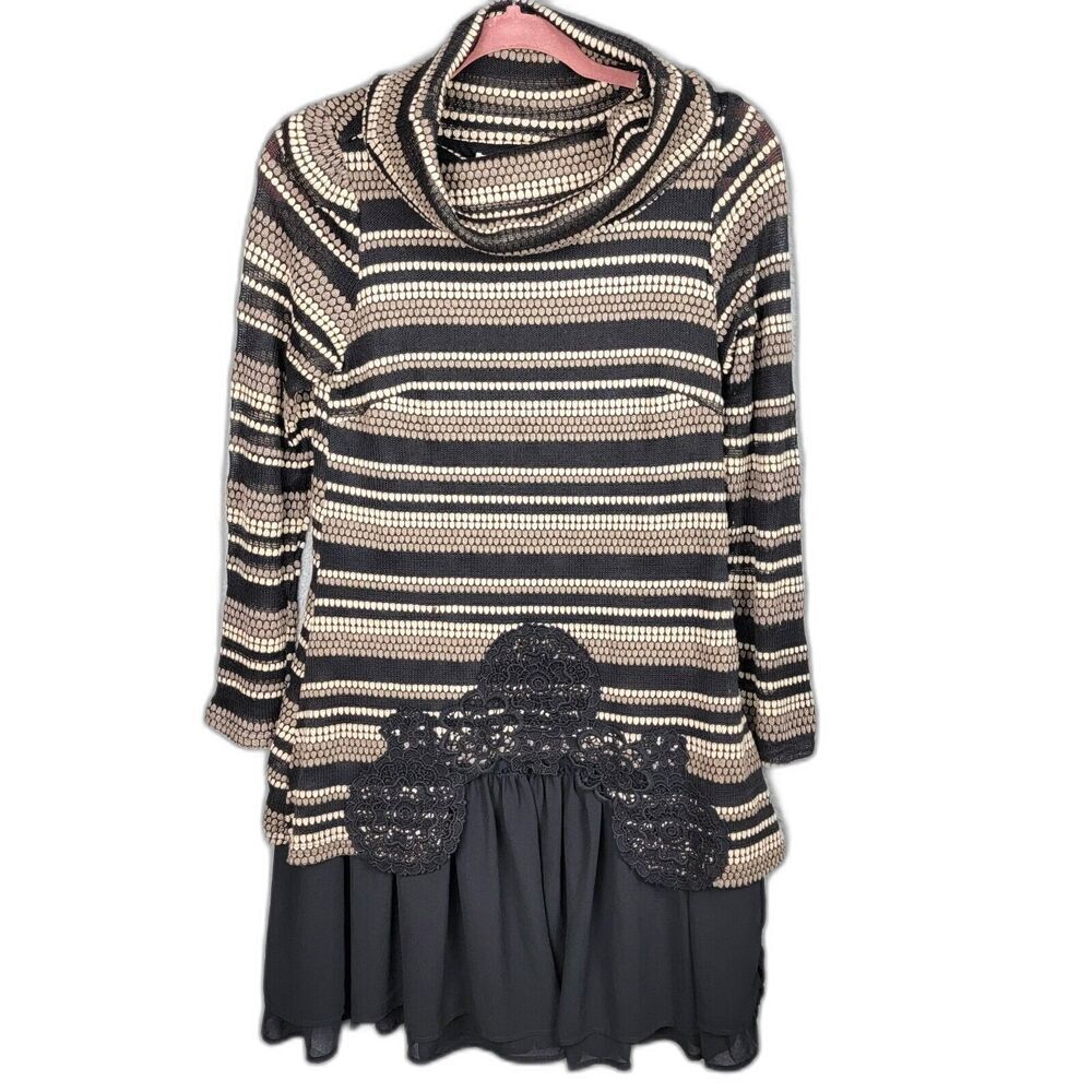 Altard State Mini Dress Brown M Striped Cowl Neck Crochet Hem Dark Academia